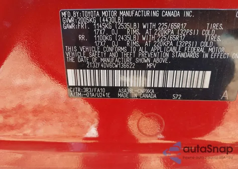 2012 Toyota Rav4 from USA, damaged, VIN 2T3ZF4DV6CW136622